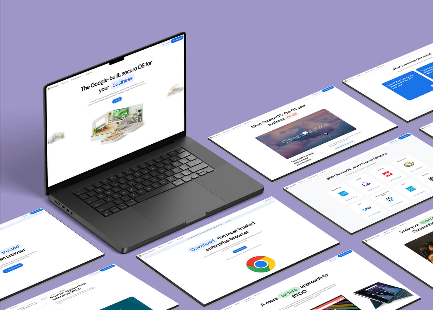 Multiple Chrome Enterprise and ChromeOS website screenshots arranged around a laptop on a purple background.