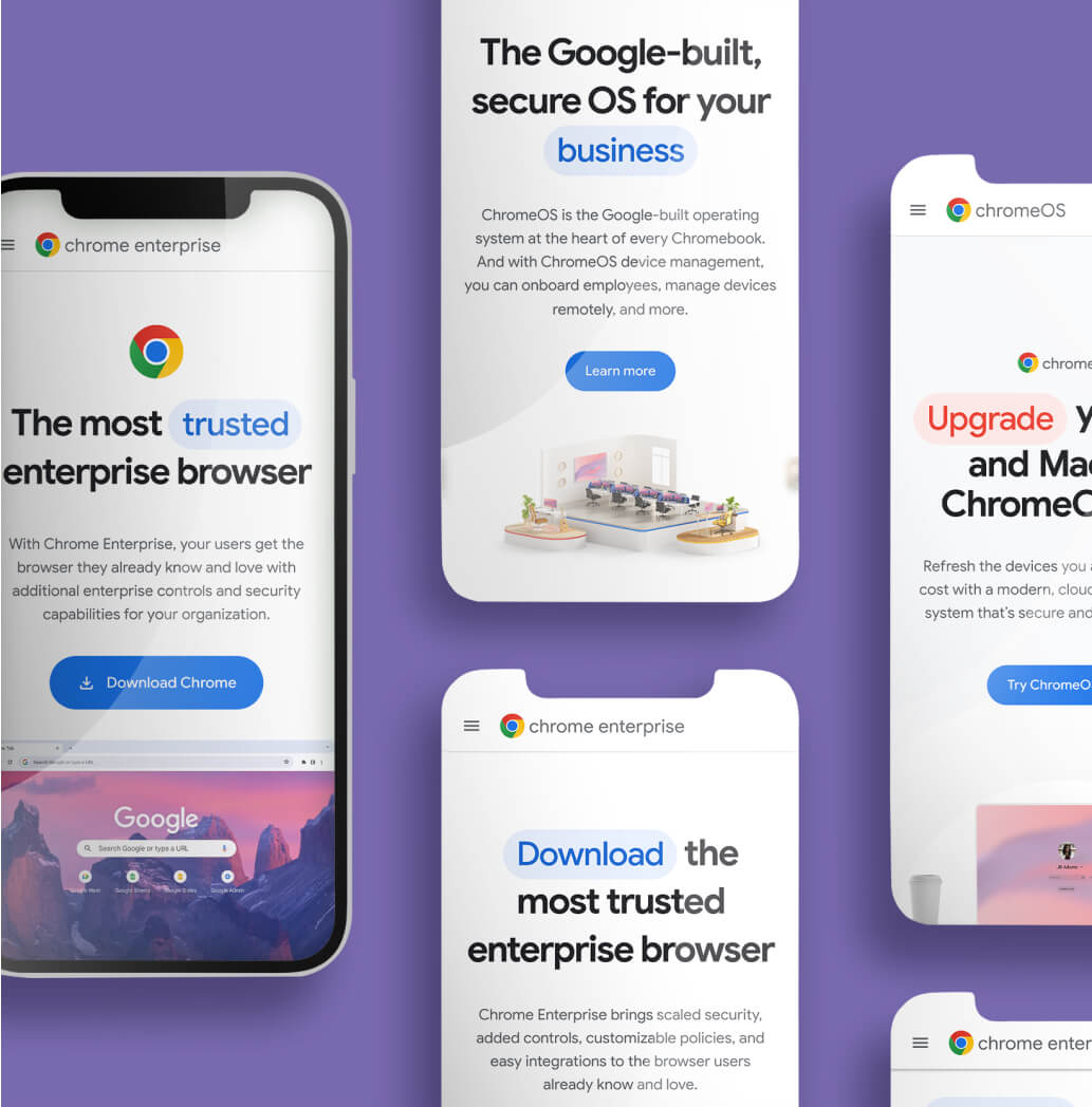 Mobile screens features Chrome Enterprise and ChromeOS website on a purple background