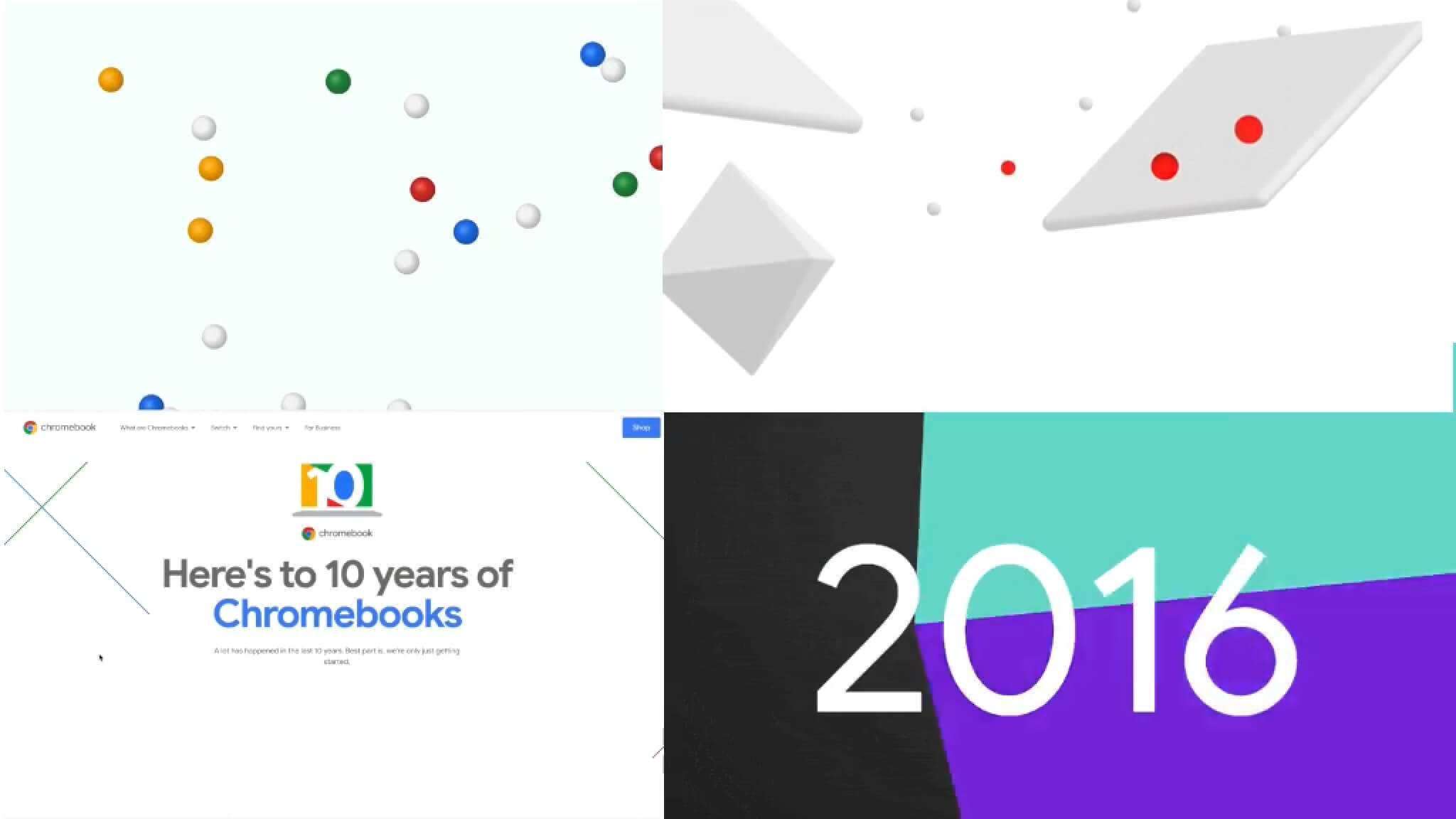 Chromebook anniversary animation prototypes with ball bouciing and transitioning