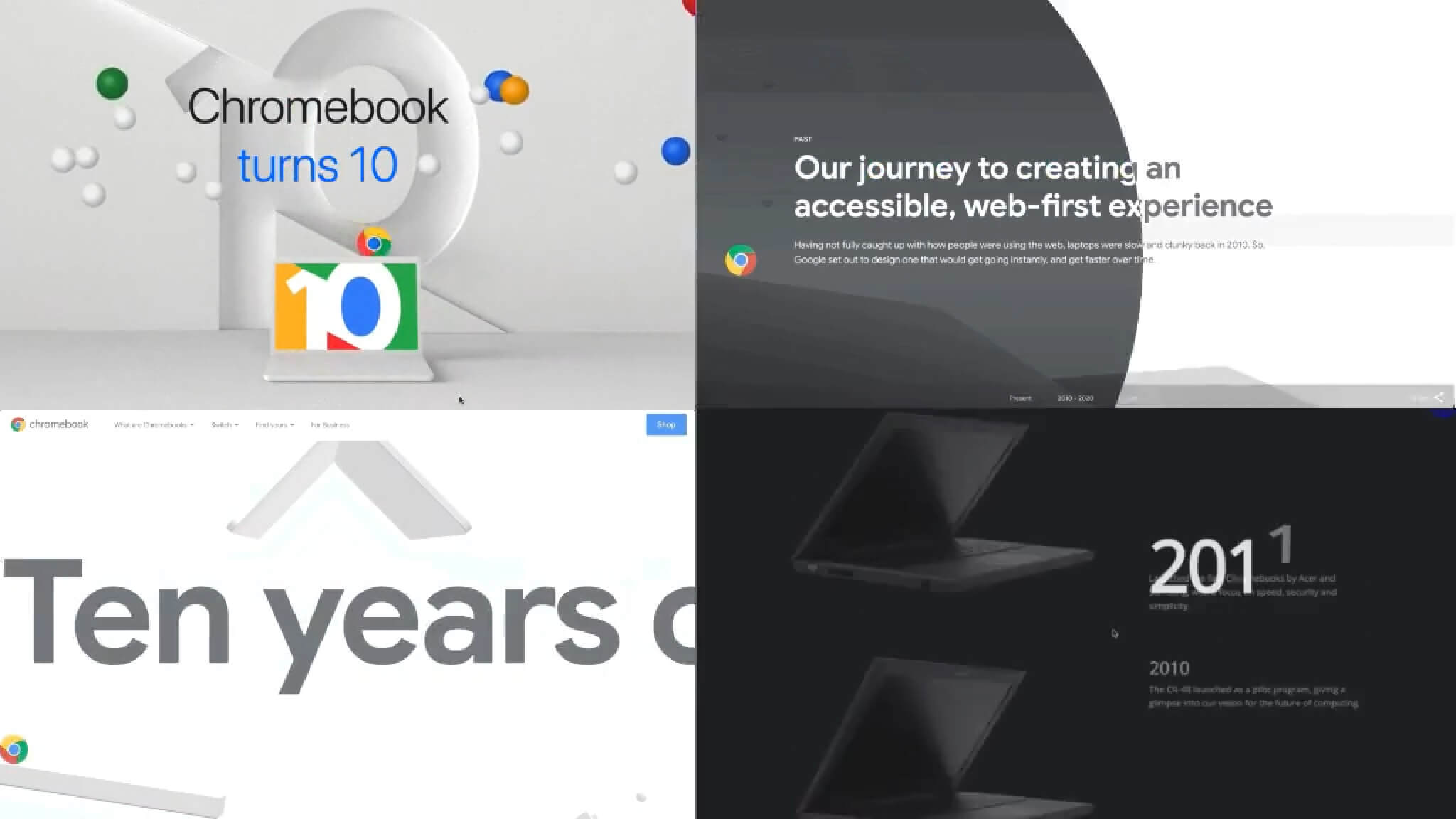 Chromebook anniversary animation prototypes with ball rolling and timeline