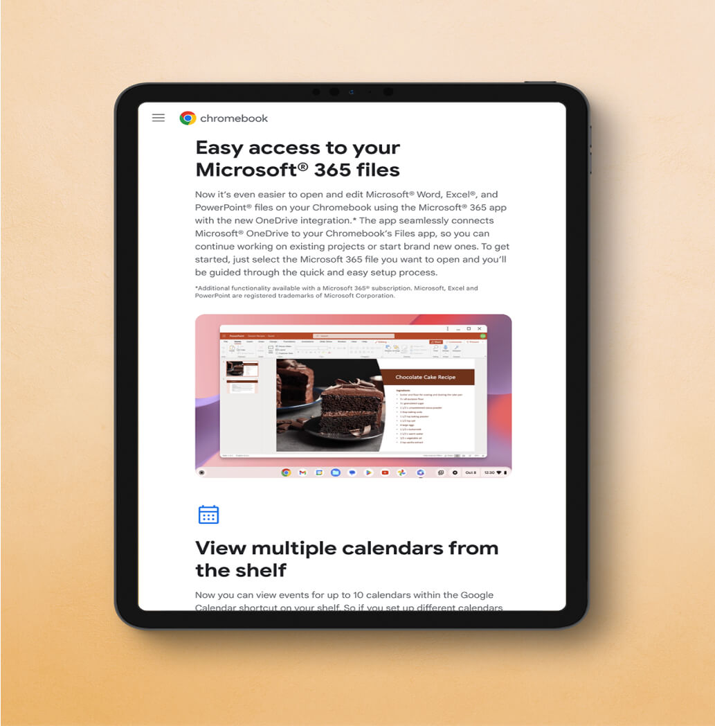 Tablet showing ChromeOS new feature news on Chromebook.com website.