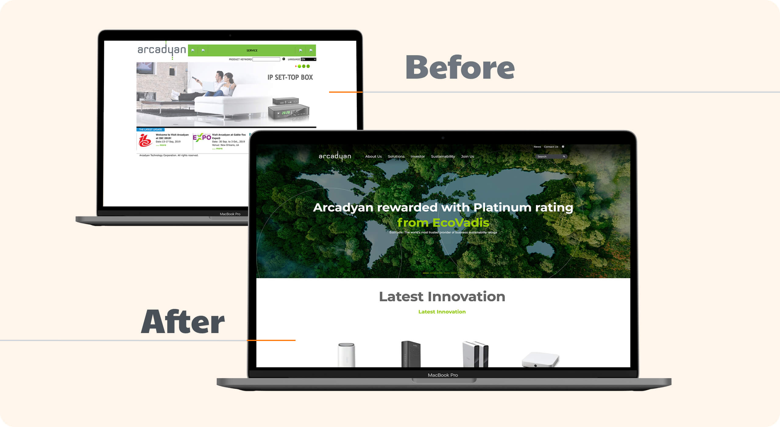 Before and after comparison of Arcadyan website redesign on laptops