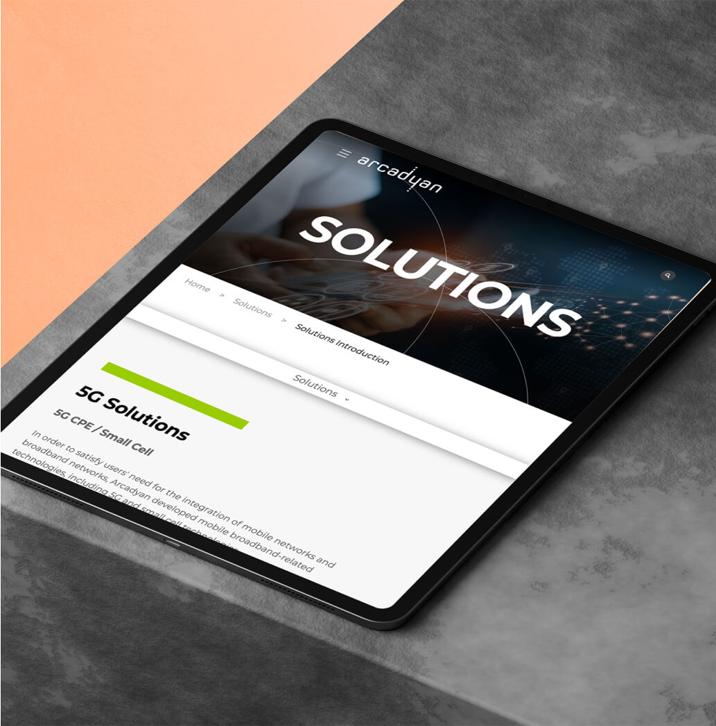 Tablet showcasing Arcadyan's 5G Solutions page